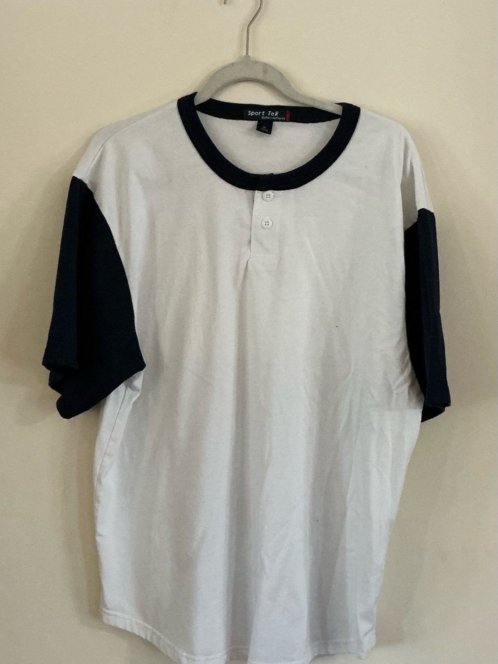 Sport-Tek White and Navy Blue Henley  Short Sleeve Shirt Size XL New